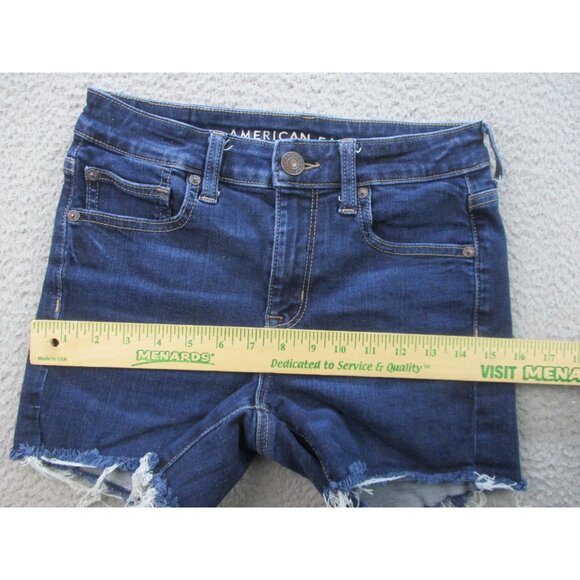 American Eagle Jeans Women's 2 Blue Denim Shorts Stretch Hi Rise Shortie Raw Hem - Picture 5 of 10